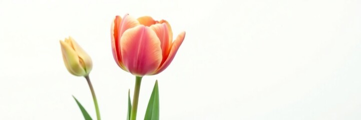 Brown and green tulip isolated against white background, stem, green