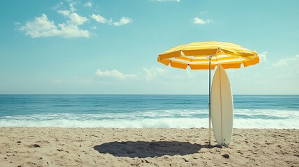 beach scene with striped umbrella and surfboard standing on sand representing tropical summer vacation seaside relaxation coastal holiday ocean travel resort and lifestyle concept