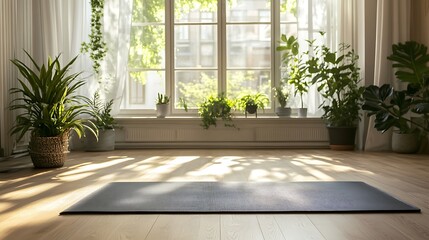 indoor wellness concept with yoga mat in airy living room large windows bright space indoor plants fitness training lifestyle meditation health balance and relaxation practice