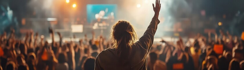 Audience Celebrating at a Live Music Concert with Raised Hands