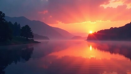 Fototapeta premium Misty lake scene at sunset with warm colors and shadows, tranquil,