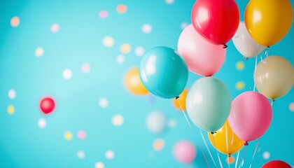 Colorful Balloons Floating with Confetti on Blue Background for Party Celebrations