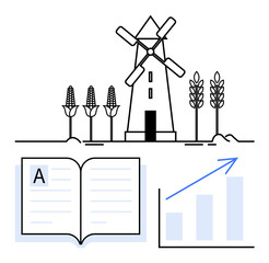 Windmill and crops symbolizing agriculture, open book for learning, upward graph for progress. Ideal for farming, education, sustainability, growth, innovation research planning. Flat simple