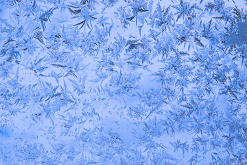 Sparkling blue frost pattern on window glass as an abstract winter background with copy space