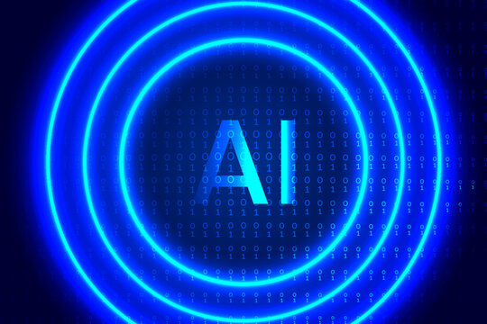 AI Artificial intelligence logo on a bright blue round background with Binary Code for AI website