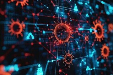 Visual Representation of Malware Attack on a Network Highlighting Digital Viruses Infiltrating Systems and Disrupting Connections in Real Time