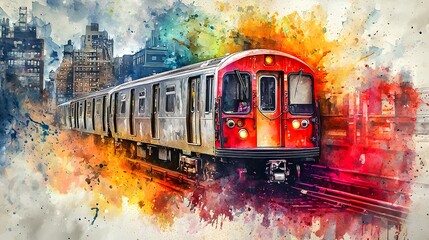 Obraz premium Subway Train in Motion with Colorful Splatters, Watercolor Art on Textured Canvas