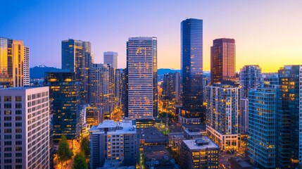 Vibrant city skyline at sunset showcasing modern architecture and urban life