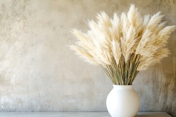 Fluffy pampas grass in white vase, neutral backdrop