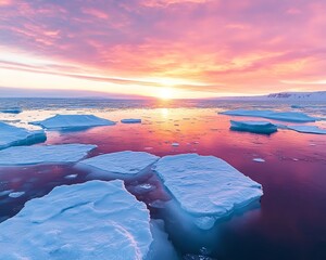 floating ice sheets in the Arctic, highlighted by the breathtakingly vibrant colors of the sunrise