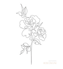 A minimalist one-line art drawing of blooming rose with leaves on white background