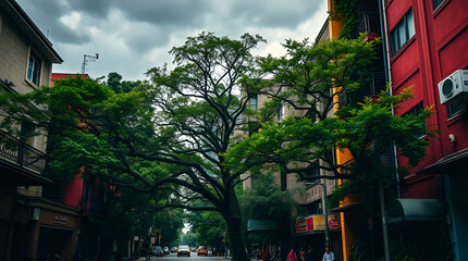 Obraz premium Trees grow through buildings, wildlife coexists with people.