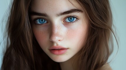 Obraz premium young woman with brown hair and blue eyes looking at camera highlighting beauty fashion lifestyle model elegance and studio photography concept