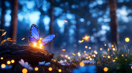 Glowing Blue Butterfly in a Misty Enchanted Forest at Night