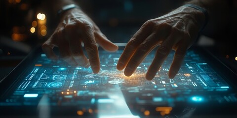 Businessman working with futuristic interactive touchscreen table and data analysis software