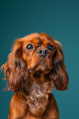 English Toy Spaniel dog on minimalistic colorful background with Copy Space. Perfect for banners, veterinary ads, pet food promotions, and minimalist designs.