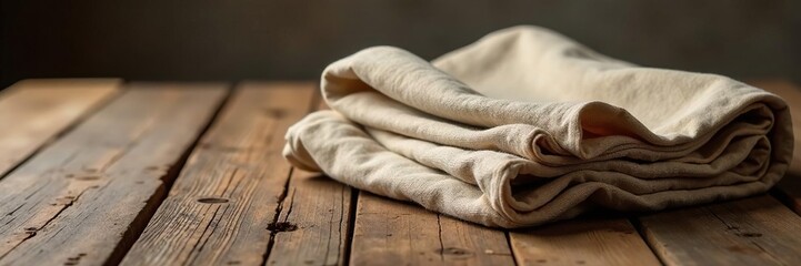 Fototapeta premium Folded cloth with gentle creases on a rustic table, textured, natural, wooden