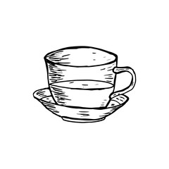 Cup and saucer hand-drawn sketch in black lines against a white background.