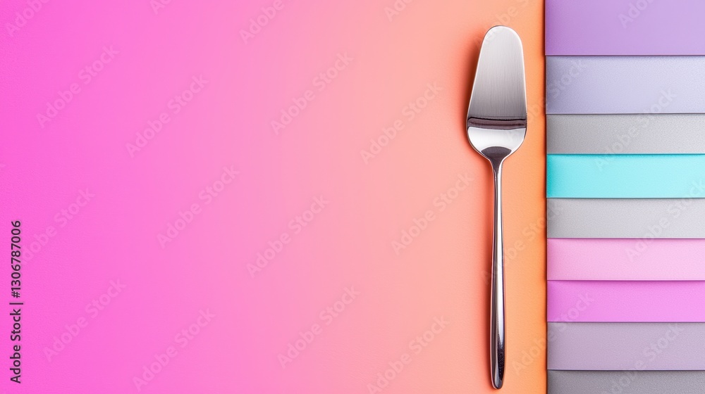 Poster a shiny spoon rests beside colorful ribbons on a vibrant gradient background, creating a visually ap