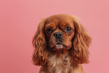 English Toy Spaniel dog on minimalistic colorful background with Copy Space. Perfect for banners, veterinary ads, pet food promotions, and minimalist designs.