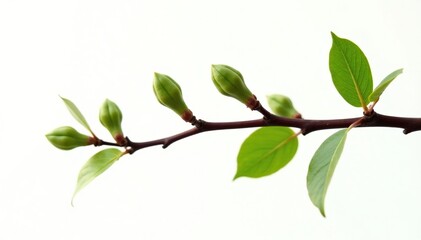Fototapeta premium Brown branch with buds and leaves on white isolated background, nature, tree branches, simple shapes