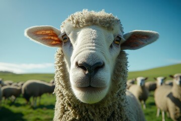Close up Portrait of a Fluffy White Sheep in a Green Pasture