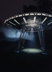 Alien spaceship at night: UFO landed on lawn in the park, mysterious blue fog in the background, light beam coming out of the center of space saucer. © andrbk