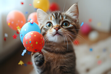 A cat with colorful balloons. Birthday celebration.