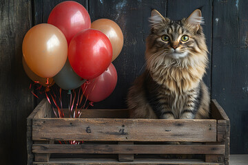 A cat with colorful balloons. Birthday celebration.