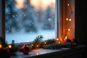 Sparkling icicles hang from the windowsill adorned with festive decorations, sparkling icicle, holiday cheer