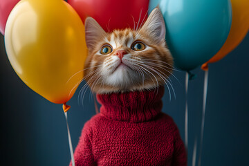 A cat with colorful balloons. Birthday celebration.