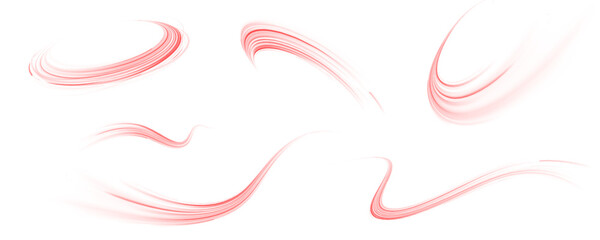 Red neon light streaks on a futuristic road. Abstract speed lines in a digital cyber environment. Motion blur effect, high-tech concept. PNG vector background for sci-fi and tech themes. © ira11998877