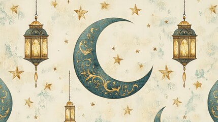 Decorative Ramadan Pattern with Crescent Moons, Lanterns, and Stars for Celebratory Events