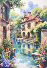  a serene, picturesque village scene with elements of European architecture