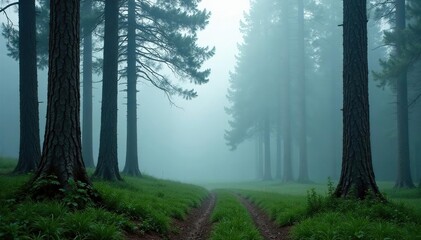 Fototapeta premium Tapering pine trunks amidst misty forest layer, woods, greenery, landscape