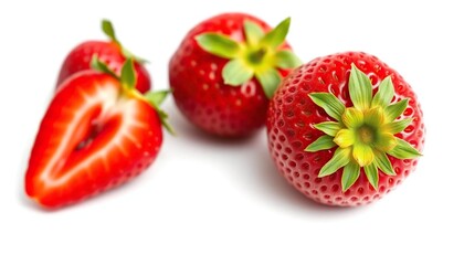 A vibrant, ripe strawberry isolated on a pure white background, still life, texture