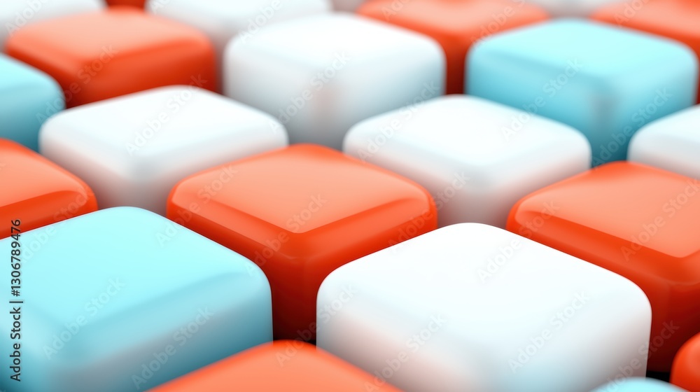 Poster a vibrant arrangement of colorful 3d blocks, primarily in red, white, and blue, creating a visually 