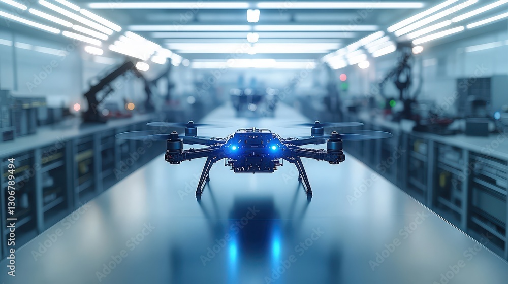 Poster futuristic drone in a modern tech factory. high-tech robotic arm blurred in background.