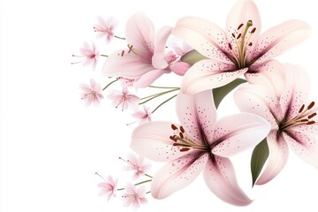 Soft Pink Lilies with Delicate Blossoms on a White Background
