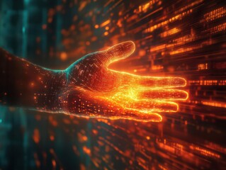 Craft a dramatic image of a shimmering, luminous hand emerging from a torrent of digital data, radiating light in a cyberpunk setting