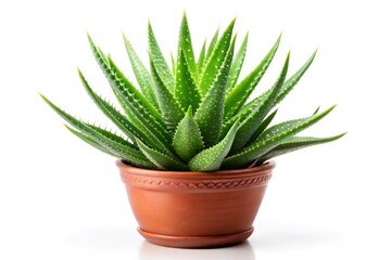 A vibrant aloe vera plant thrives in its pot, set against a clean white backdrop.