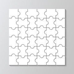 Puzzle outline grid. Jigsaw. Thinking game with 36 pieces. Simple mosaic layout with separate shapes. Modern puzzle background. Laser cut frame. Vector illustration.