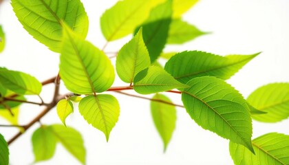Fototapeta na wymiar Vibrant green leaves, intricate details, crisp white backdrop, vibrant, leaf