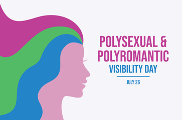Polysexual and Polyromantic Visibility Day poster vector illustration. Female head in profile with long rainbow hair icon. LGBT polysexual pride flag symbol. Template for background, banner, card