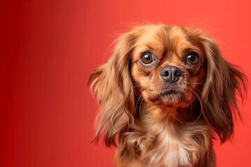 Naklejka premium English Toy Spaniel dog on minimalistic colorful background with Copy Space. Perfect for banners, veterinary ads, pet food promotions, and minimalist designs.