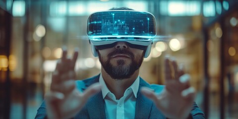 Businessman wearing vr headset and exploring virtual reality data analysis interface