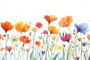 Fototapeta premium Vibrant Colorful Wildflowers in Bloom on Bright White Background