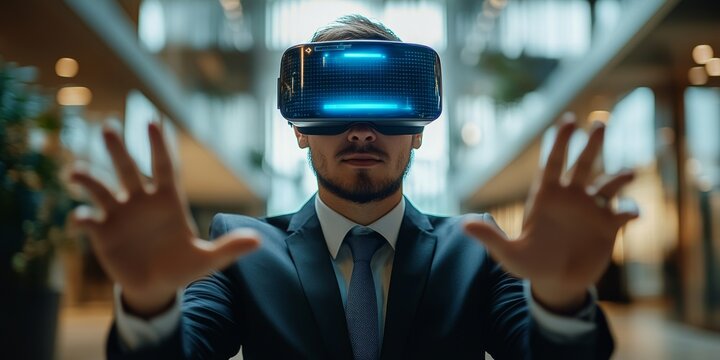 Businessman wearing vr headset interacting with metaverse in modern office building