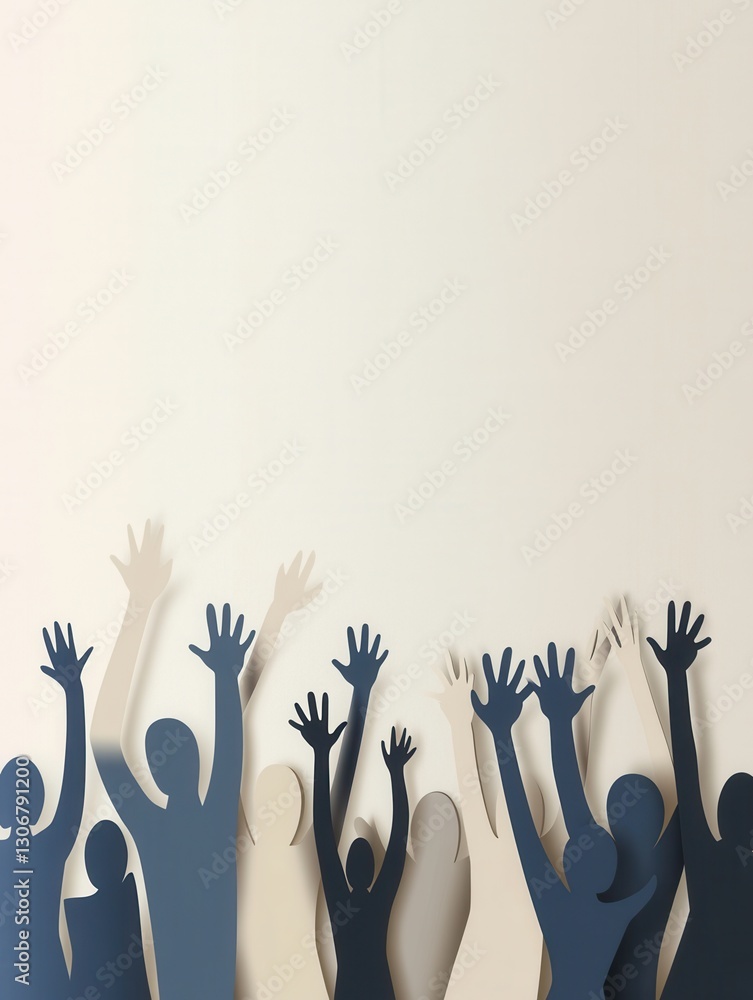 Poster unity displayed through silhouettes of diverse individuals raising hands in a minimalistic flat desi