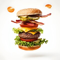 exploded burger with visible layers on a white background. it includes bun, beef, cheese, bacon, lettuce, tomato, pickle and tomato slice.